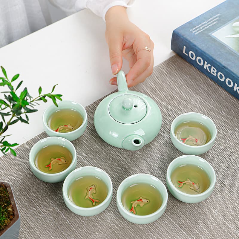Celadon fish-themed one-pot six-cup tea set, minimalist for home or business gifts with logo printing