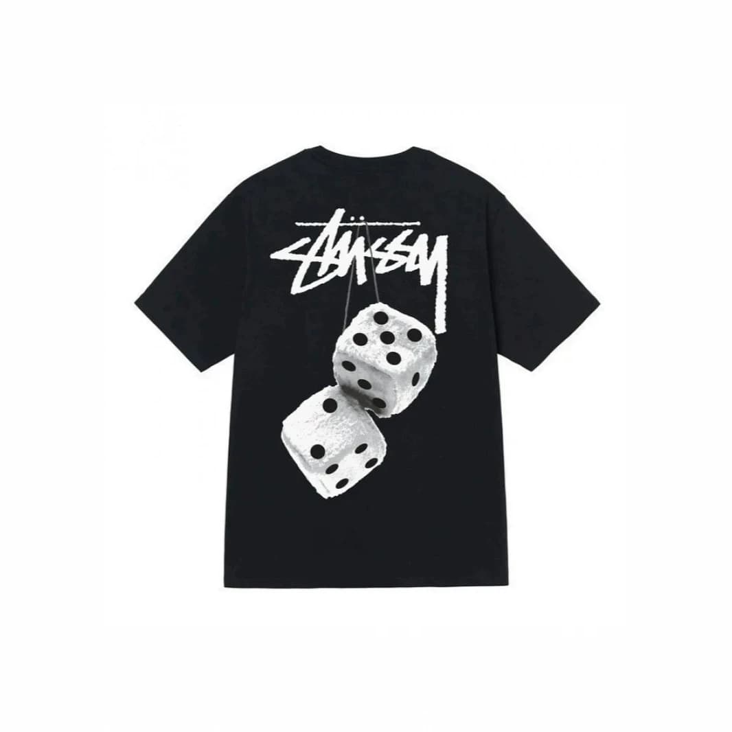 Stüssy Black Short Sleeve T-Shirt Streetwear Brand Wholesale Double Flannel Dice Pattern Factory Direct Supply Drop Shipping
