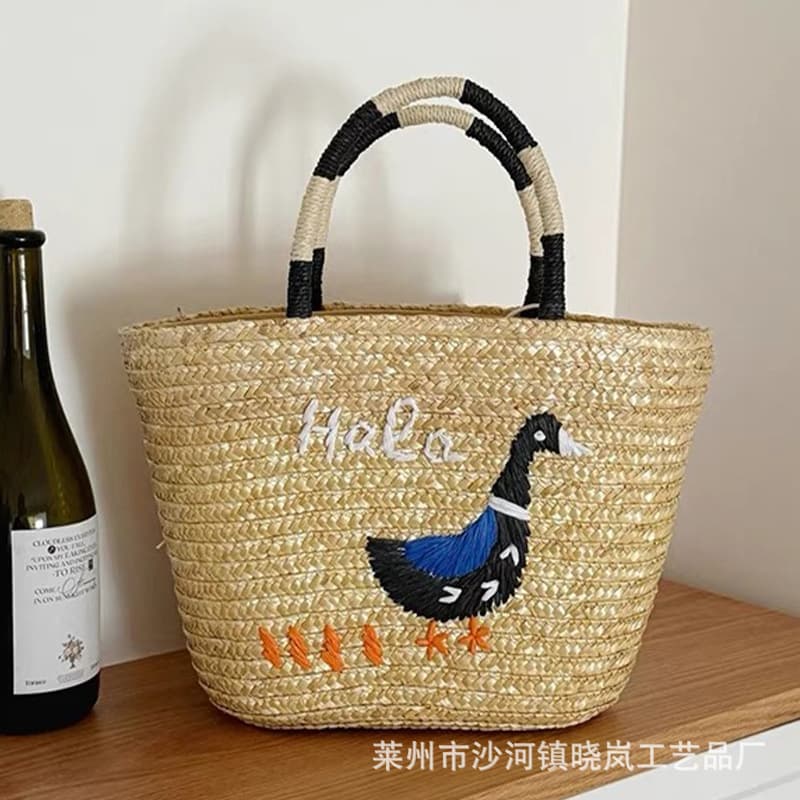 New Straw Woven Handbag with Mixed Color Design, Handcrafted Rattan Large-Capacity Tote Bag, Beach Vacation Basket Bag for Women
