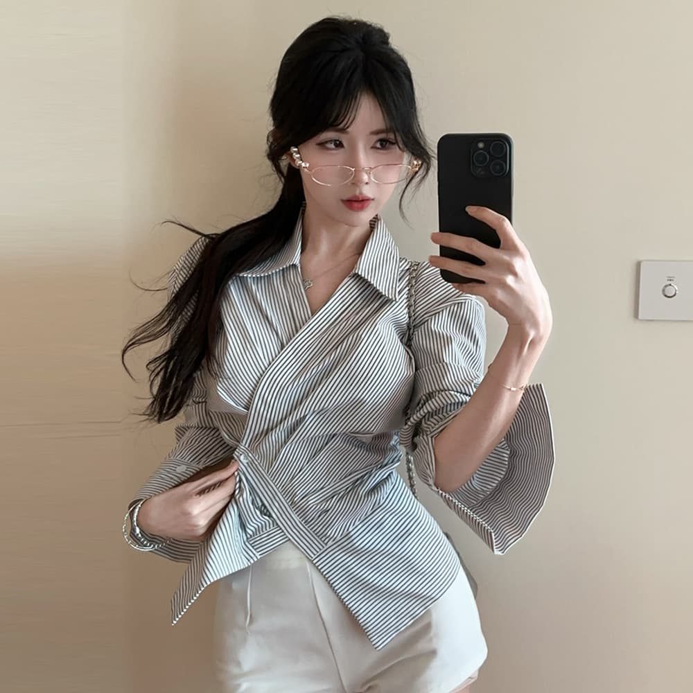 18YX3100 European and American 2026 Cross-border Trade Korean-style Irregular Diagonal Button Waist-cinching Long-sleeve Striped Shirt for Women
