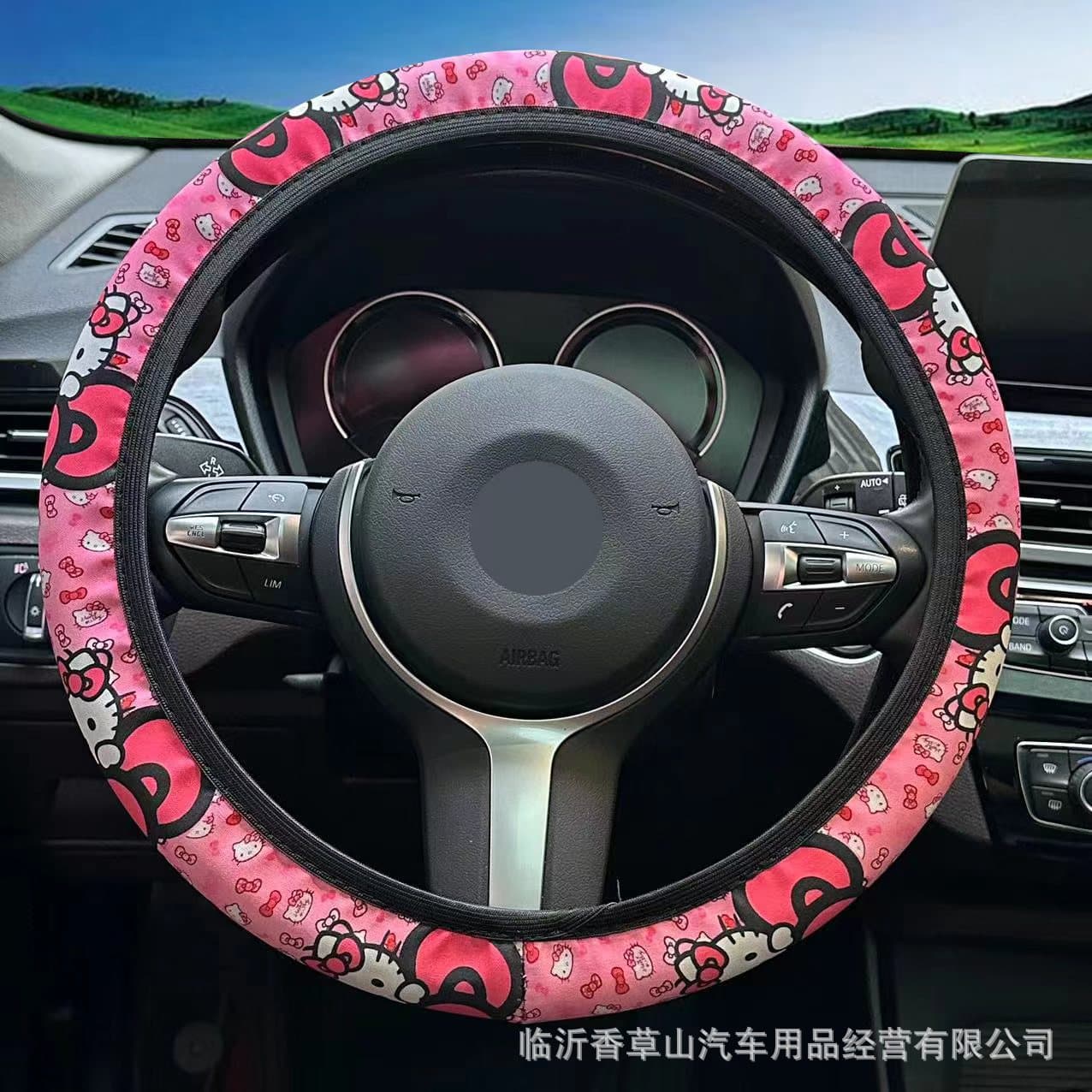 Cross-border Car Steering Wheel Cover Pink KT Plush No Inner Ring Steering Wheel Cover Printed Elastic Grip Cover for Export