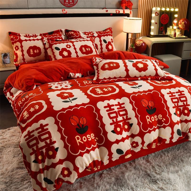 Bright Red Wedding Milk Fleece Four-Piece Set Marriage Bedding Thickened Flannel Duvet Cover Sheet Festive Dowry