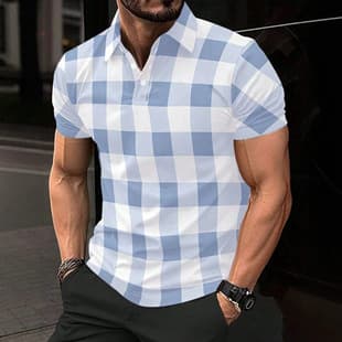 2026 New Fashion Casual Blue and White Large Check Slim Fit Polo Shirt Short Sleeve Turn-down Collar Button Polo Shirt