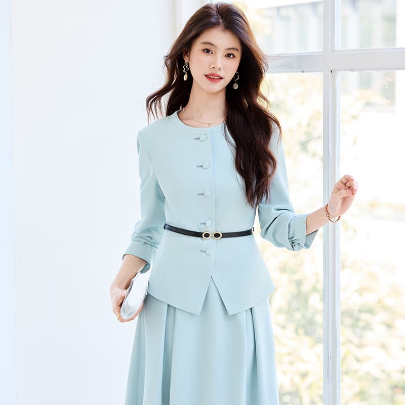 Light Blue Round Neck Suit Set Dress for Women 2025 New Style Elegant Slim Fit Hostess Formal Wear Ladies Business Suit Skirt Set