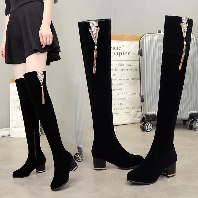 2024 Autumn/Winter New Women's Over-the-Knee Boots, Slimming Legs, Fleece-Lined, Side Zipper, Suede, Chunky Heel, High Heel, Tall Boots