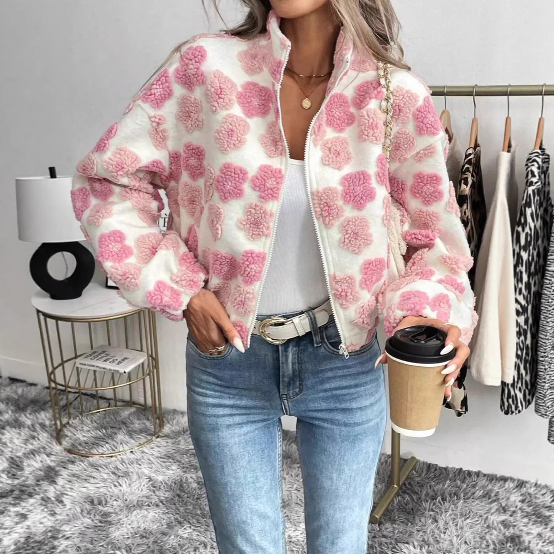 New Fall/Winter European and American Jacquard Jacket Dopamine Pink Faux Shearling Jacket 3D Floral Zipper Jacket