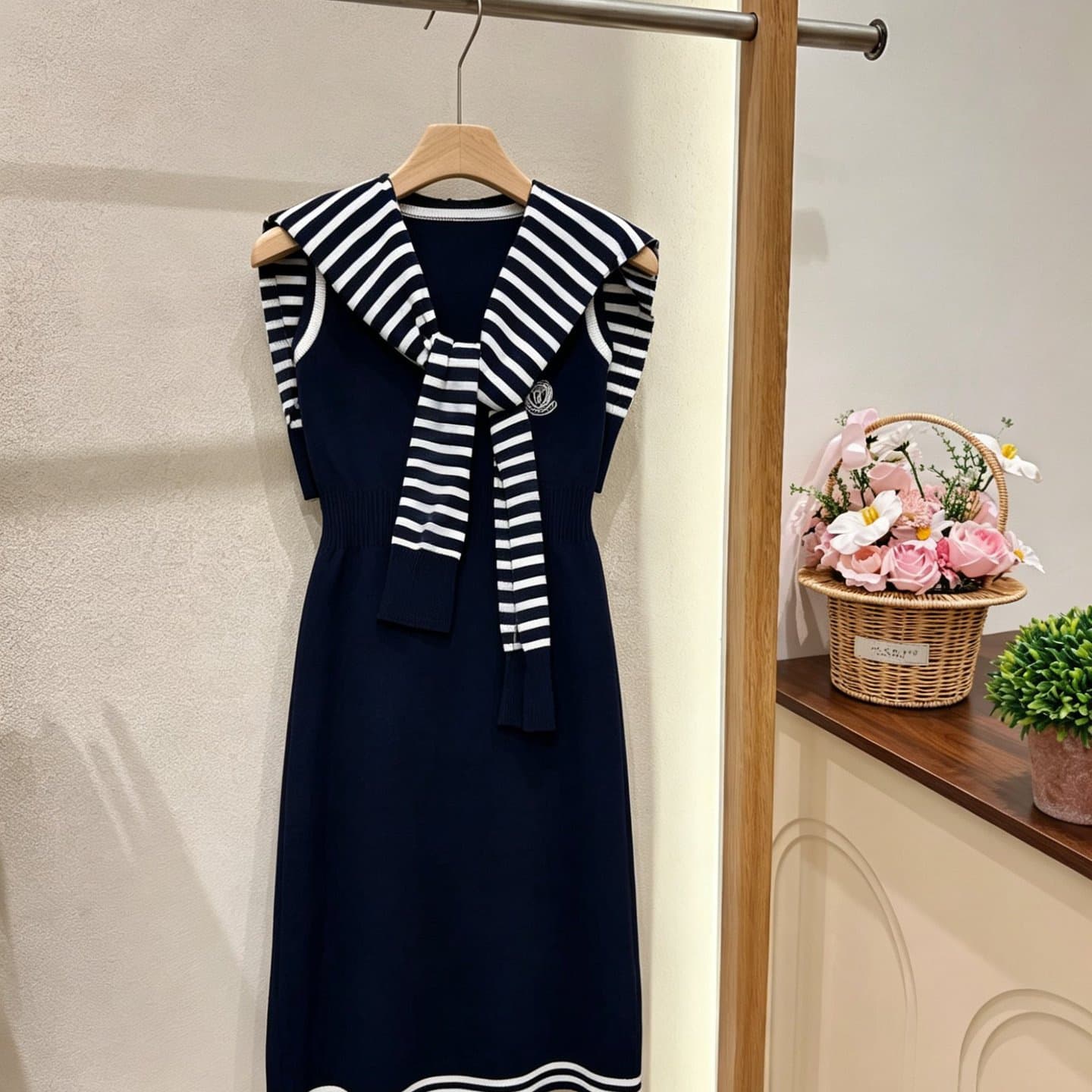 Horse label sweet girl noble temperament knitted dress navy collar shawl sweet quiet fashion high-end girl's clothing