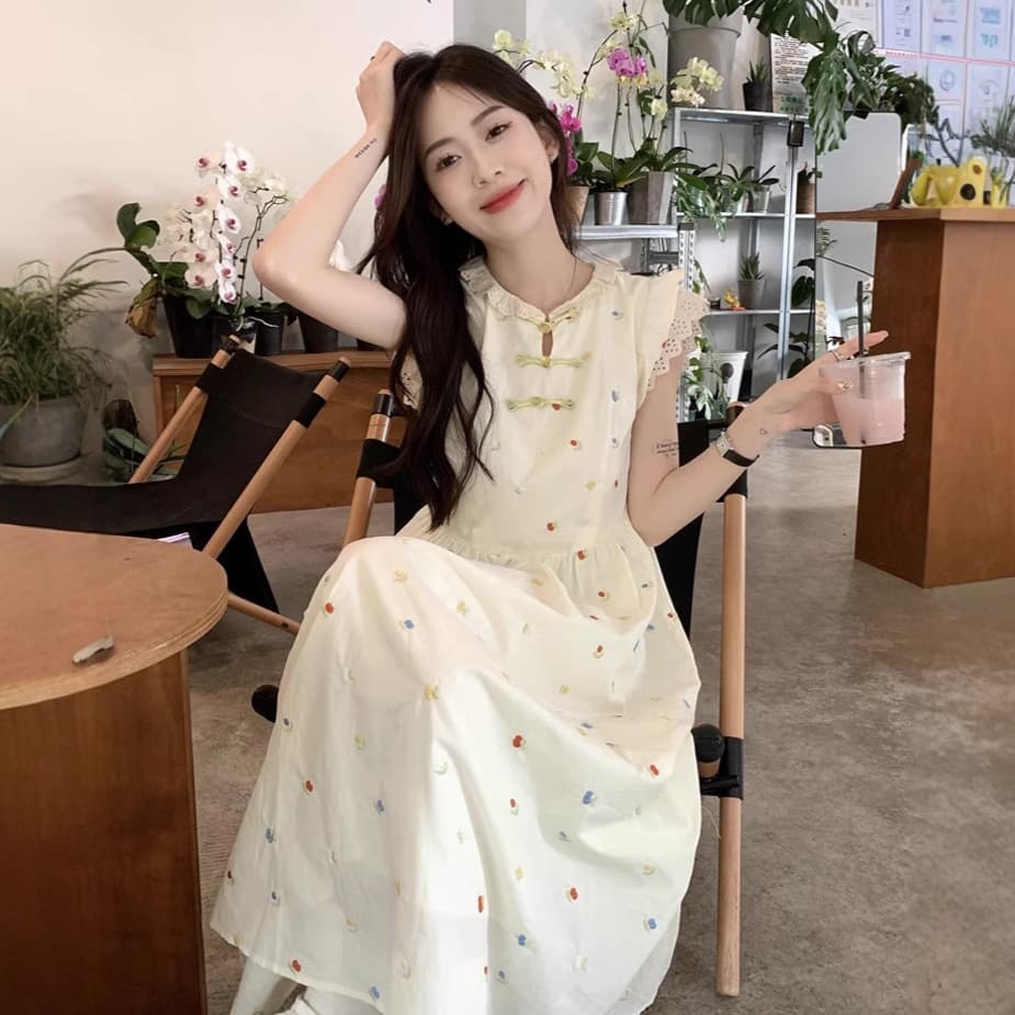 French Gentle Style Floral New Chinese Dress for Women Summer Waist Cinching Slimming Temperament Small Flying Sleeve Vest Dress Long Dress