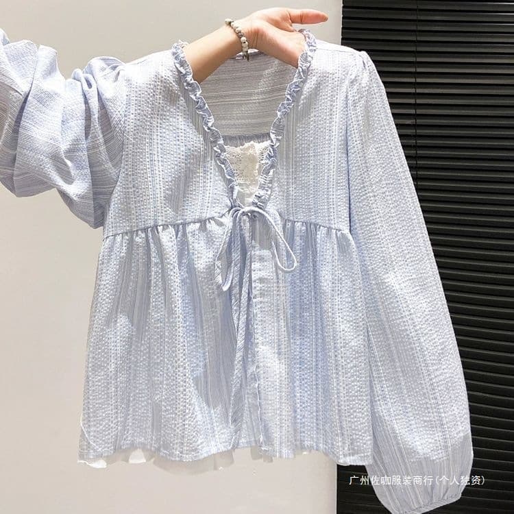 Fake two-piece early autumn lace v-neck lace-up shirt for women 2025 new Korean style loose casual long-sleeved doll top