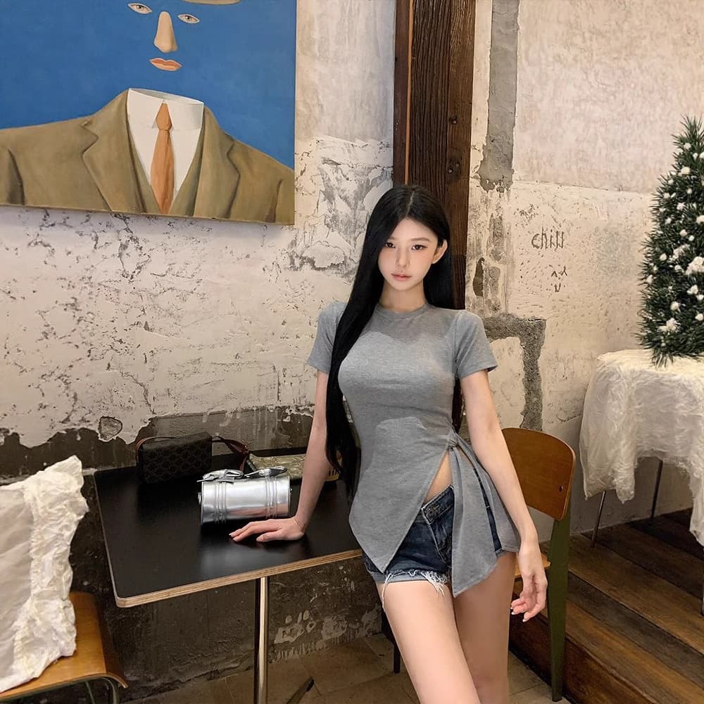 Designed Irregular Split Gray Short Sleeve T-Shirt Women's Summer Chic Tie Waist Crop Top