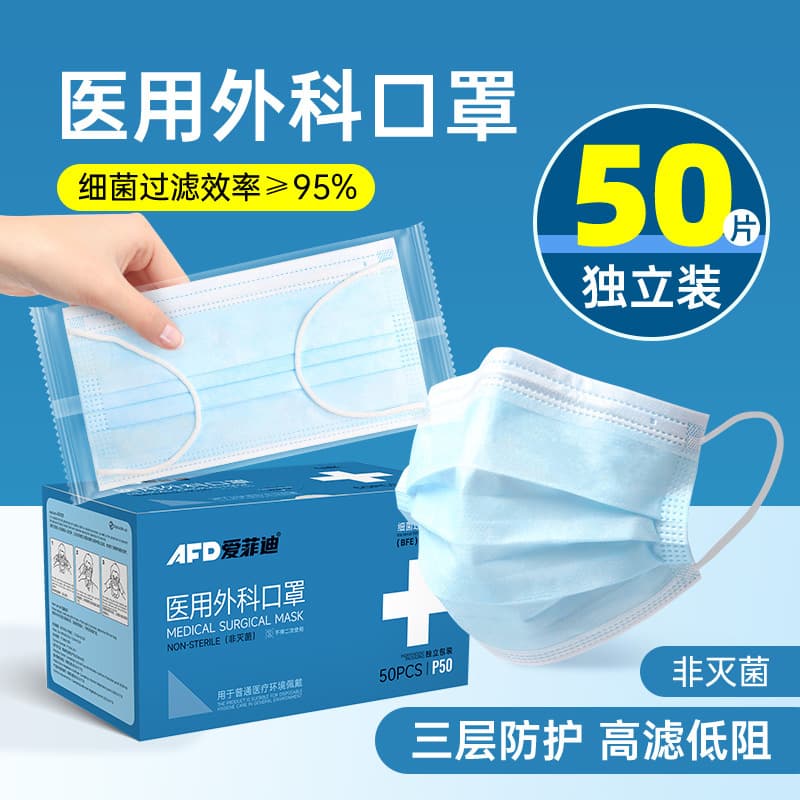 Disposable medical surgical masks three-layer protective individually packaged 50-piece boxed blue mask