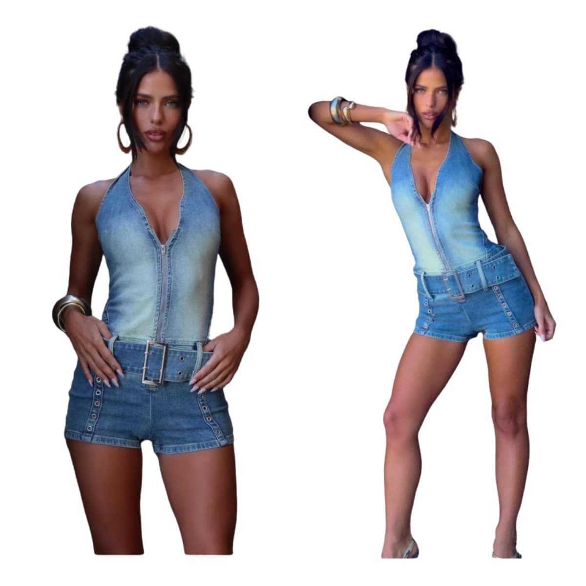New Denim Romper MZ88646 In Stock, Hot Selling for Europe and America Cross-Border, Halter Tie Stretch Jumpsuit Shorts