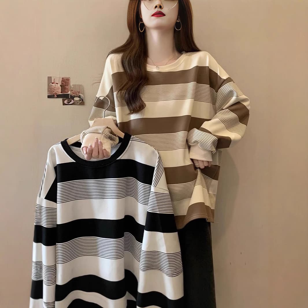 Striped Sweatshirt for Women Autumn Winter Retro New Loose Fit Slimming Student Casual Long Sleeve Round Neck Top Fashion