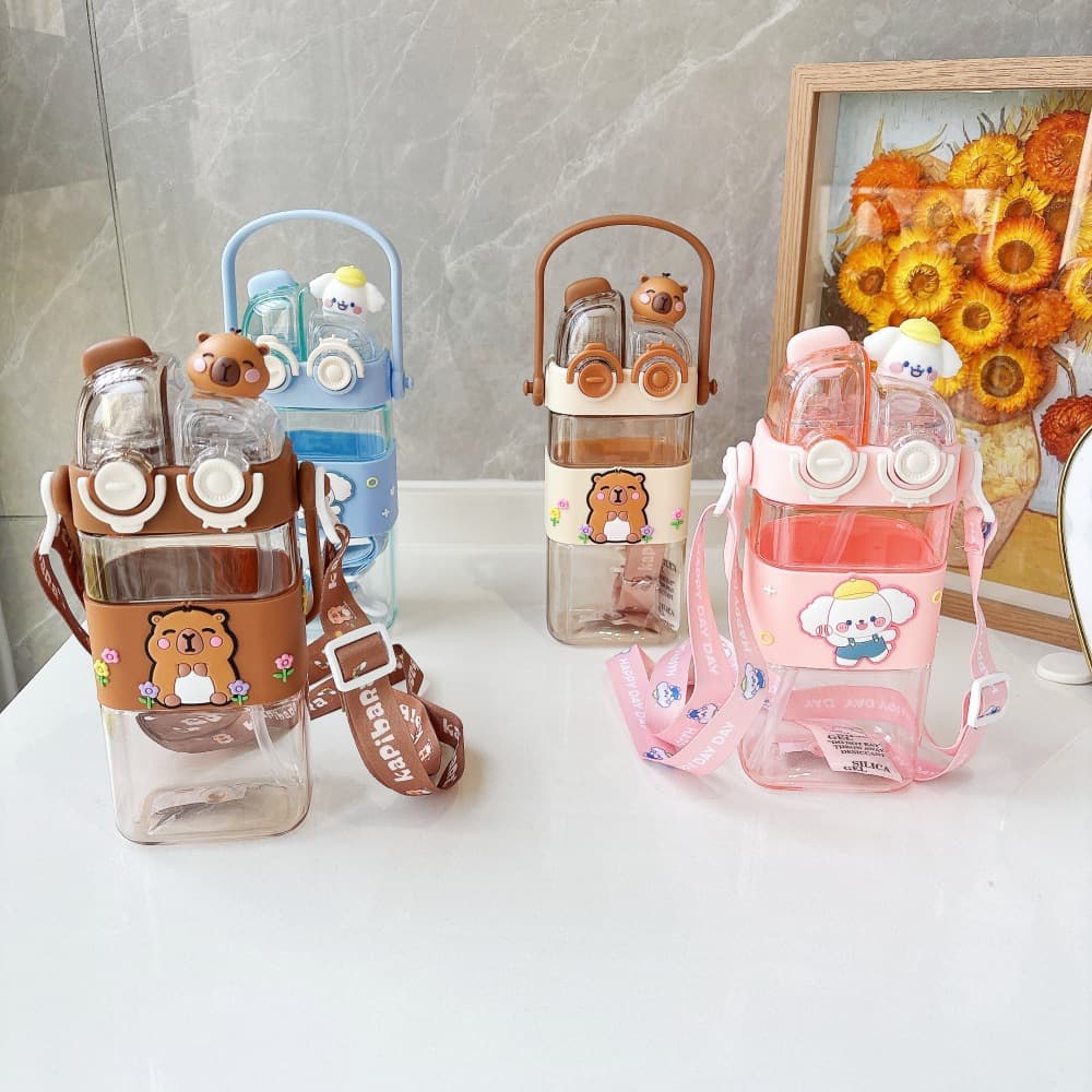 Cartoon Plastic Cup Student School Cute Dual-Drink Cup with Strap Portable Children Straw Direct Drink Cup Boys and Girls Water Bottle