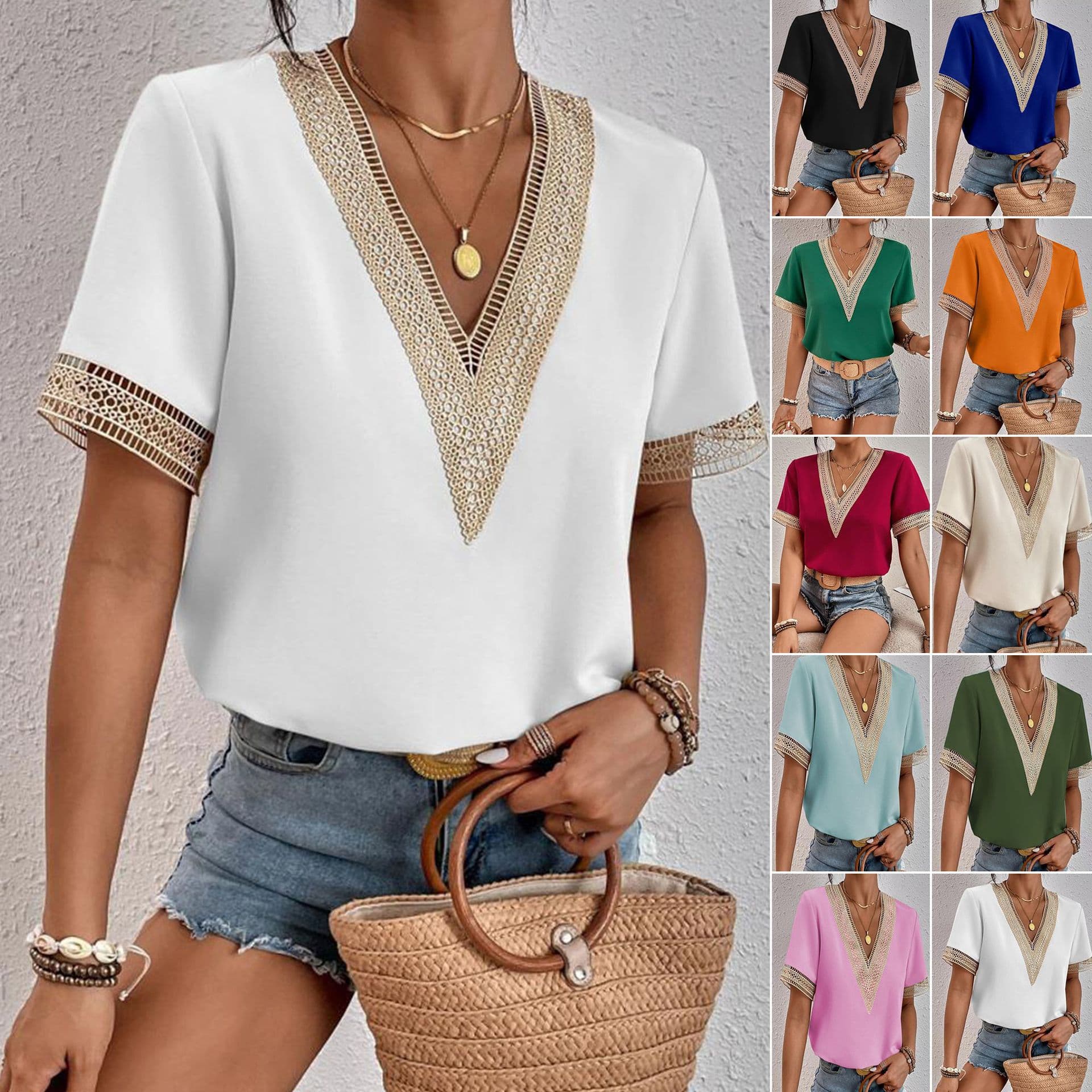 2026 Cross-Border Foreign Trade Amazon Aliexpress New Style Lace Short-Sleeved Chiffon Top for Women