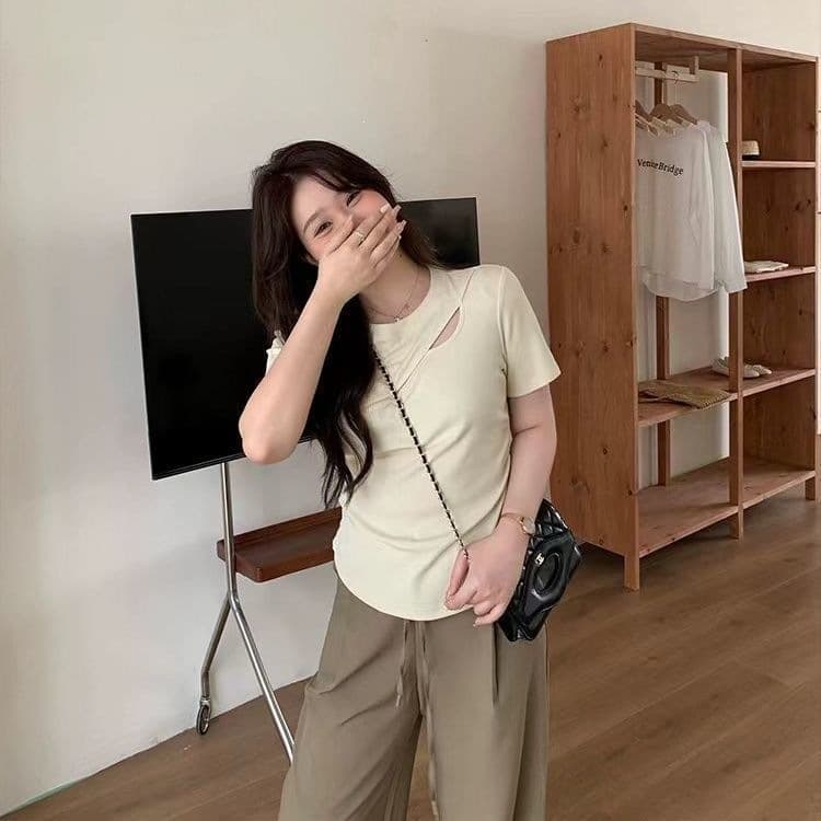 Plus Size 300lbs Women's Regular Shoulder Short Sleeve T-Shirt Summer Niche Versatile Hollow Out Irregular Hot Girl Pure Desire Style Top