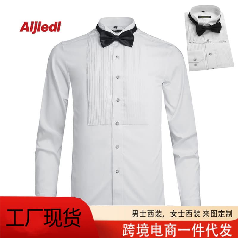 Wedding Shirt for Men Long Sleeve Amazon Source Cross-border Formal Slim Fit Shirt with Bow Tie Banquet Stock