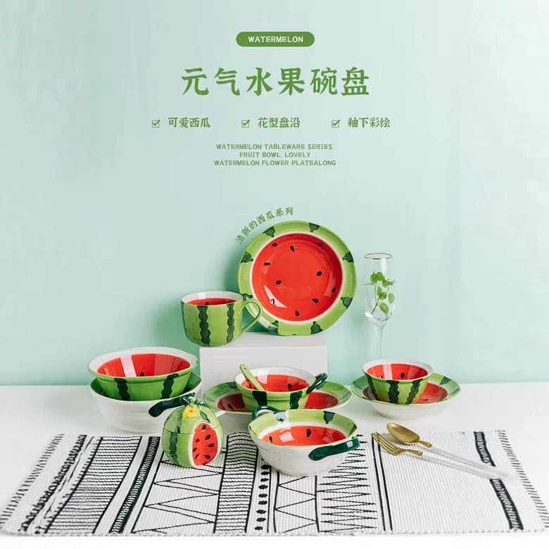 Watermelon Bowl Creative Ceramic Bowl Plate Bowl Set Cute Bowl Girly Hand-Painted Tableware Rice Bowl Soup Bowl