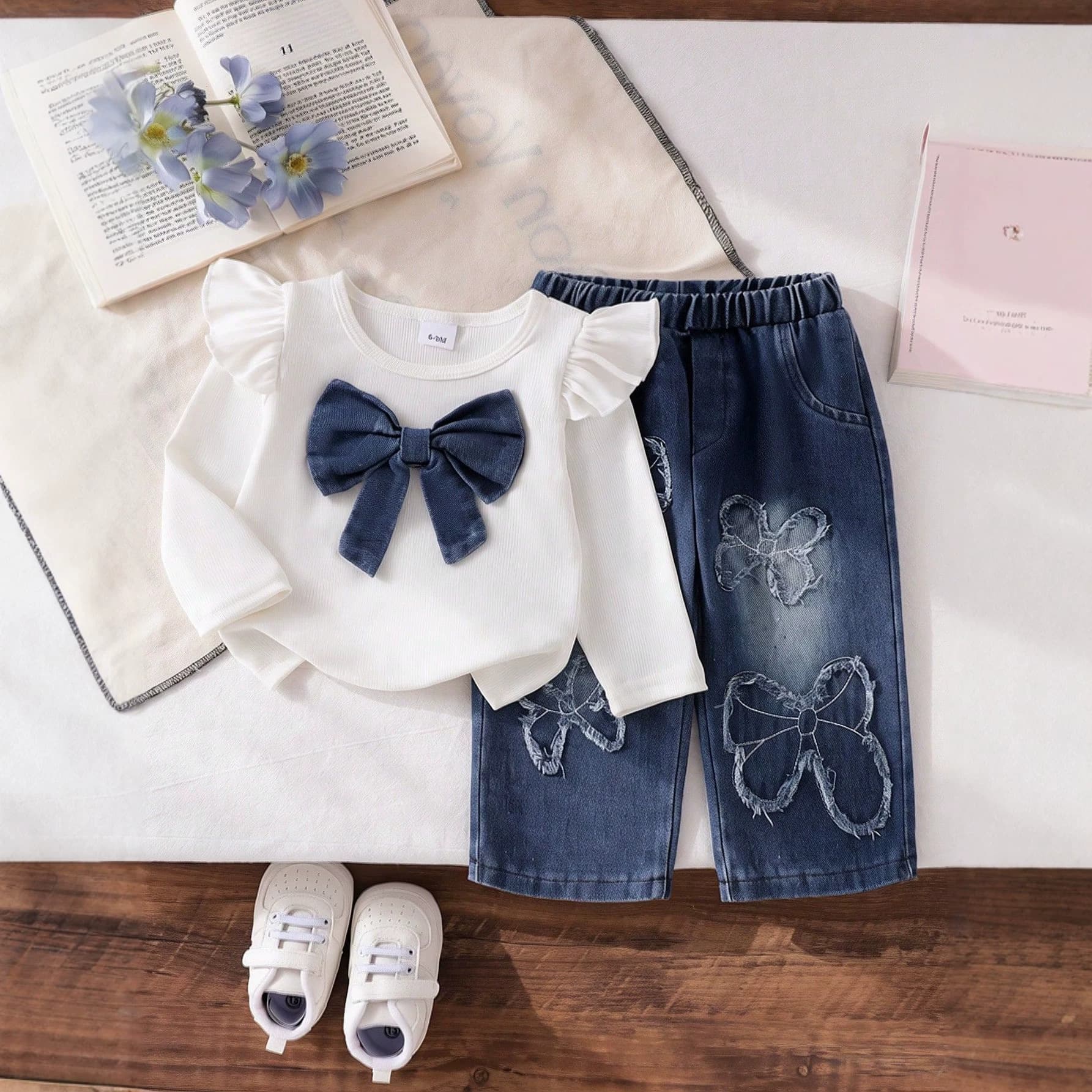 2026 European-American Spring/Autumn Flutter Sleeve Bow Long Sleeve Top Embroidery Denim Wide Leg Pants Baby Girls Two-Piece Set