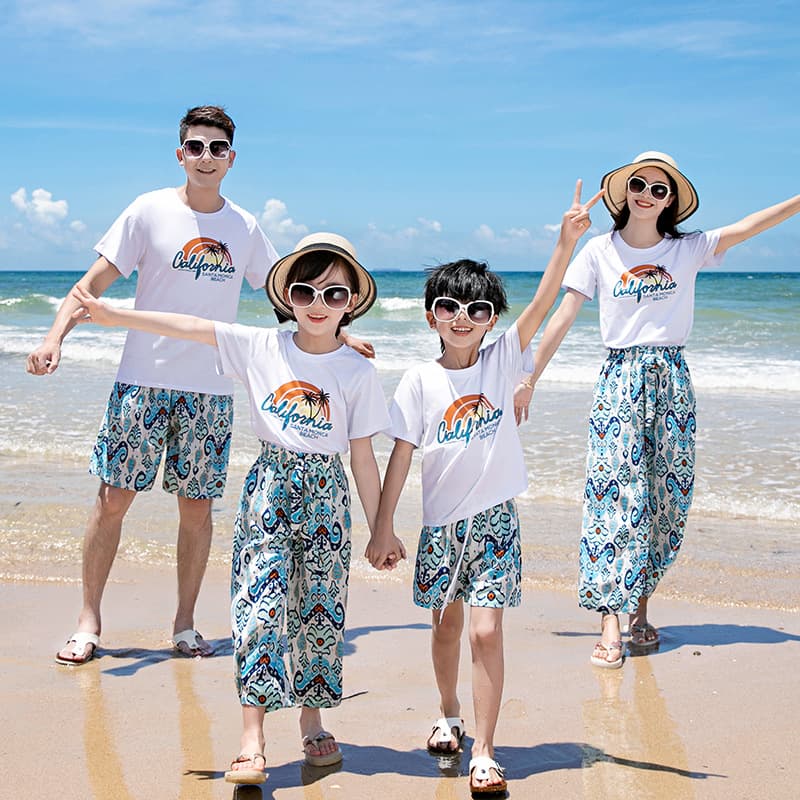 2024 New Sanya Beach Family of Three or Four Parent-child Outfits for Beach Travel Couple Outfits Nine-Point Straight Pants Suit