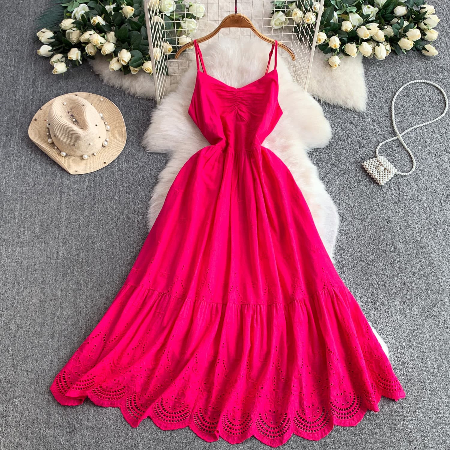 Seaside resort style dress for women in spring and summer, white and rose red suspender skirt, waist slimming, hollow ruffled long skirt