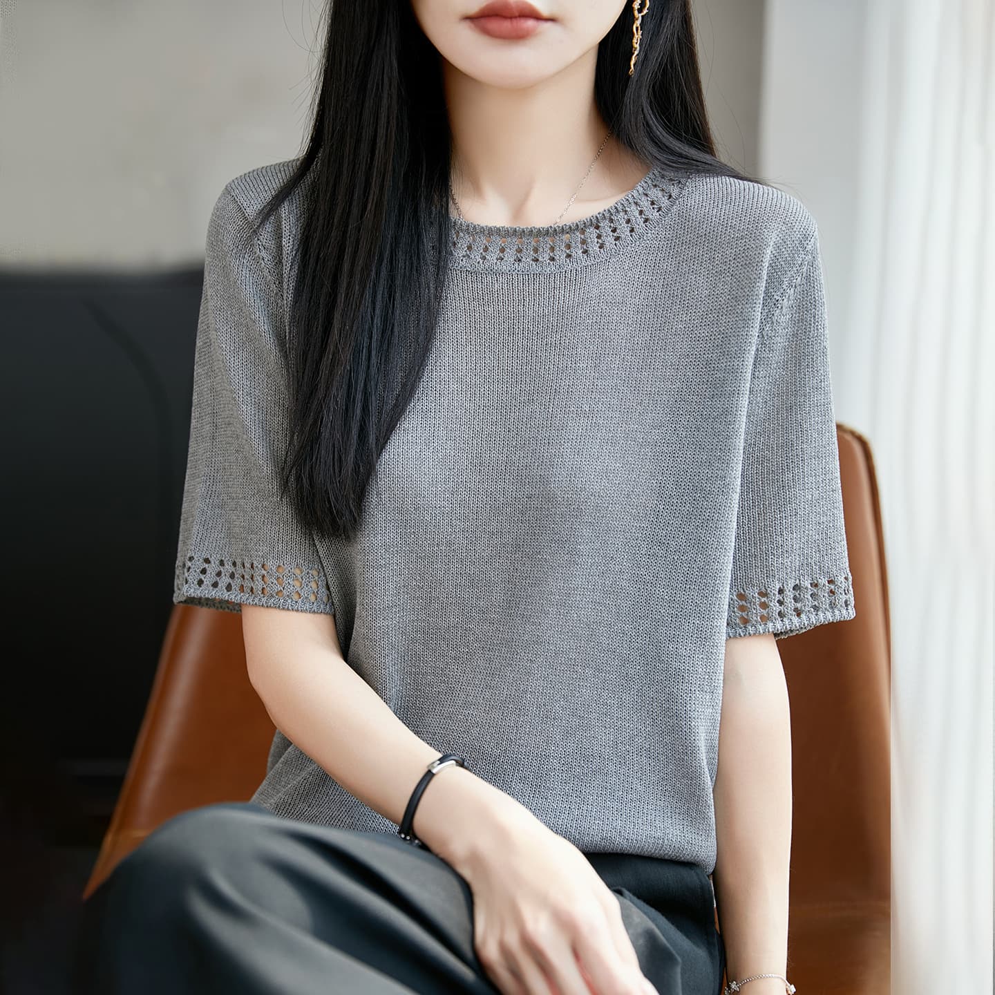 Loose Silhouette Washi Yarn Round Neck Short Sleeve Drop Shoulder Design Breathable Knit Sweater Spring/Summer Casual Elegant Style