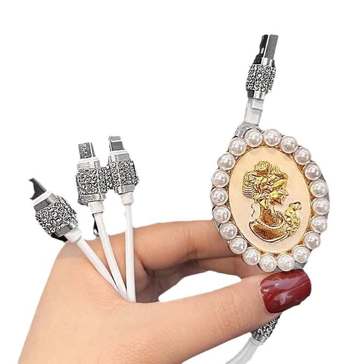 Diamond-Embedded 3-in-1 Car Charging Cable, Multi-Functional Retractable Portable Storage, Triple Port Type-C Charging
