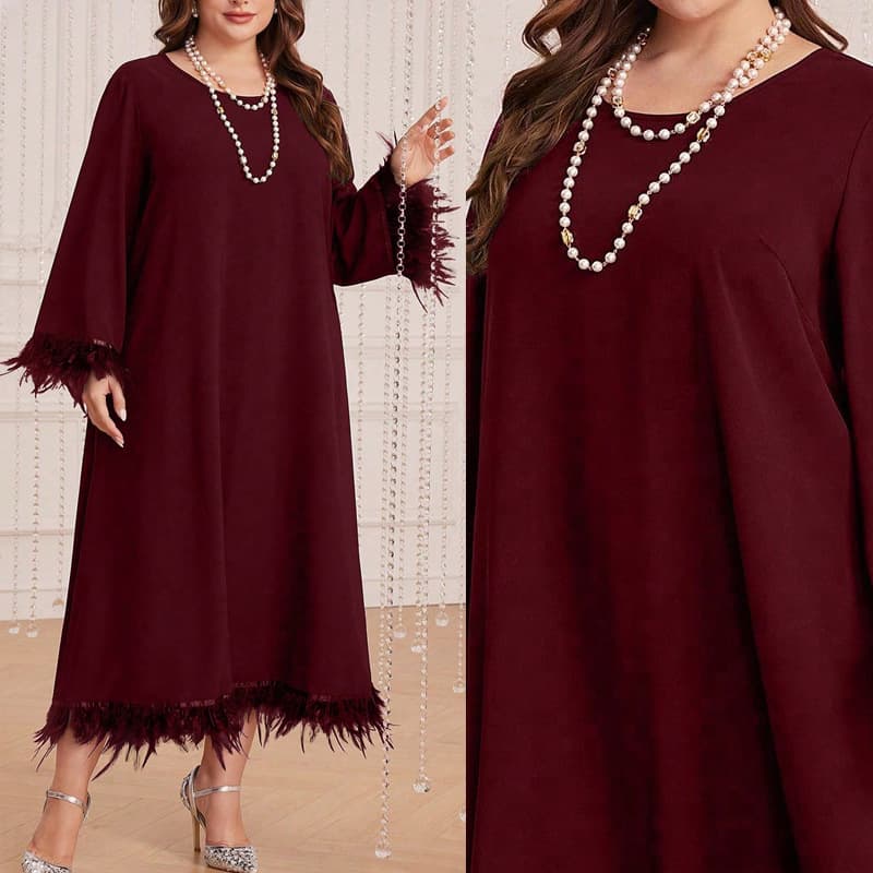 In Stock Plus Size Elegant Round Neck Dress with Feather Trim Patchwork Fashion Plus Size Women's Long Sleeve Dress