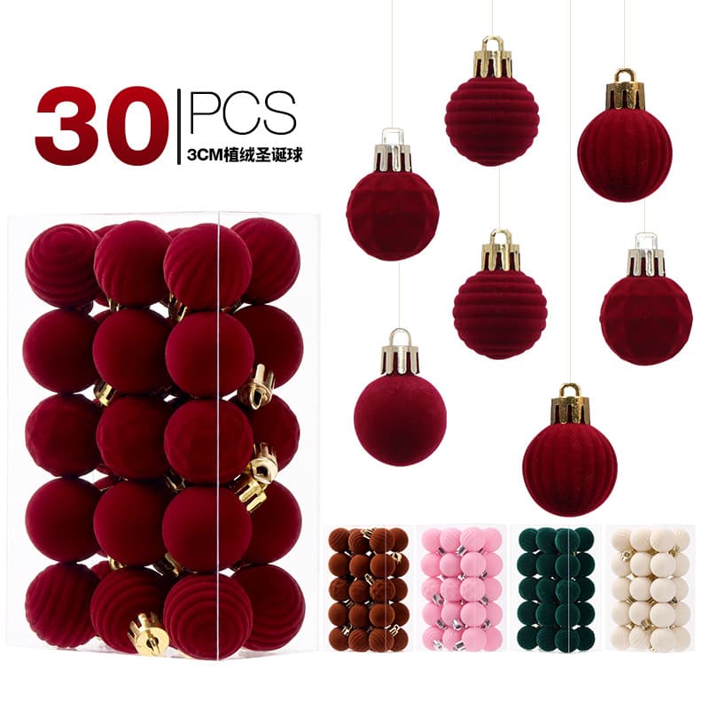 Cross-border New Arrival Christmas Decoration 3cm/30pcs Luxury Flocked Christmas Ball Set Christmas Tree Ornament