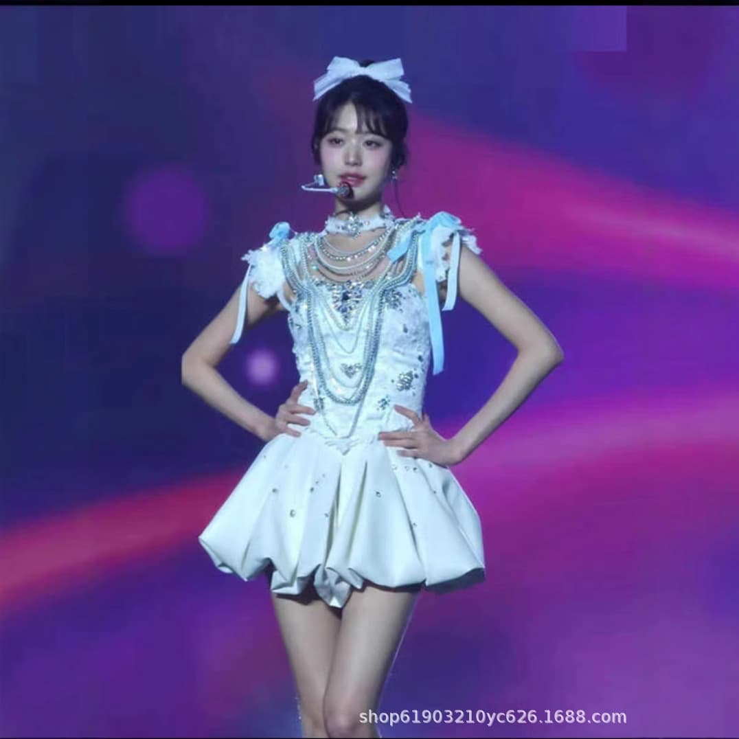 IVE Jang Wonyoung Style Dance Performance Outfit Heavy Rhinestone Set Jazz Costume Sweet Princess Dress