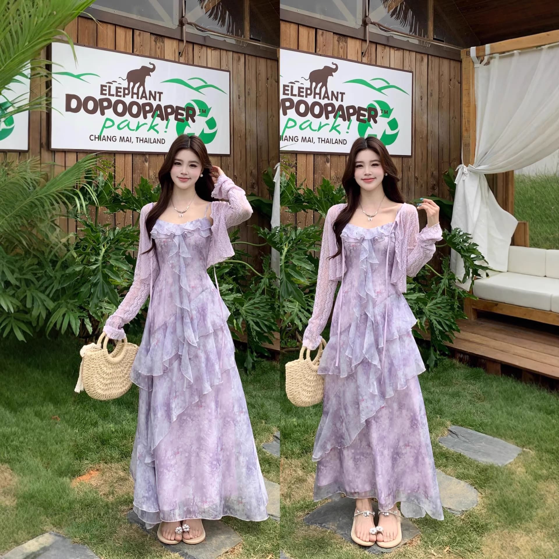 Plus size women's spring and summer French style beautiful ruffled purple floral suspender skirt + cardigan two-piece set for women