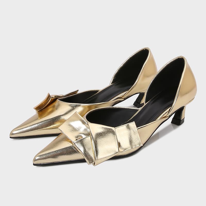 ZA2024 Fall New Women's Shoes Gold Bow Decoration Mule Heels Pointed Toe Kitten Heels Hollow Out Single Shoes
