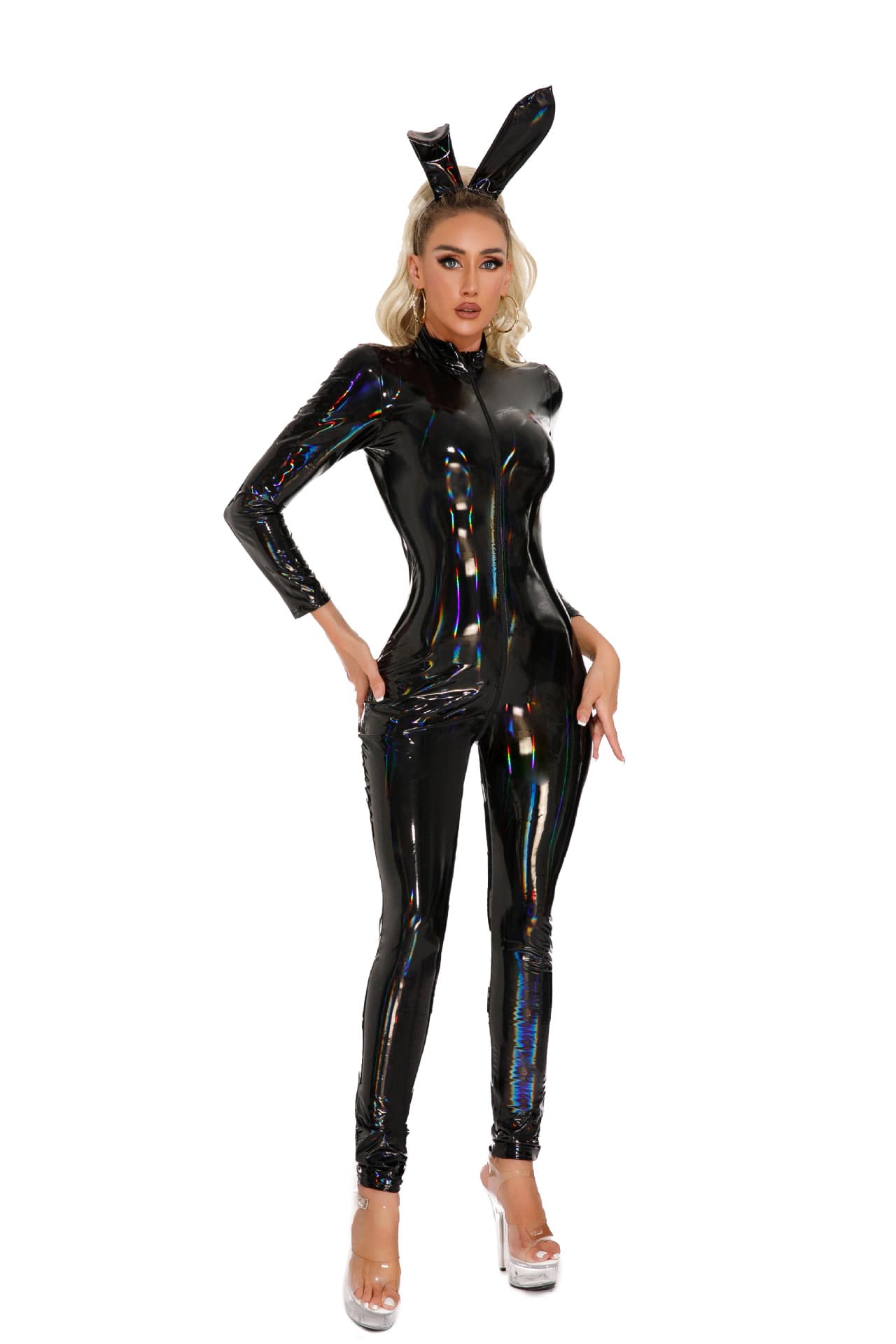S-3XL Open Crotch Lingerie for Women, Patent Leather Glossy Black Iridescent Bodysuit Sexy Costume 6903