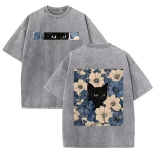 Vintage Washed Black Cat Floral T Shirt Double Sided Print S