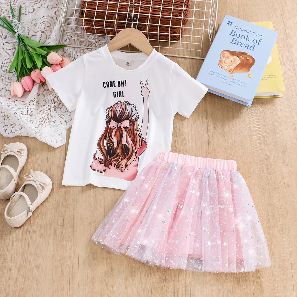 Girls Suit 2026 Summer New Children's Short-sleeved T-shirt + Mesh Skirt Two-piece Set Baby Western-style Gauze Skirt