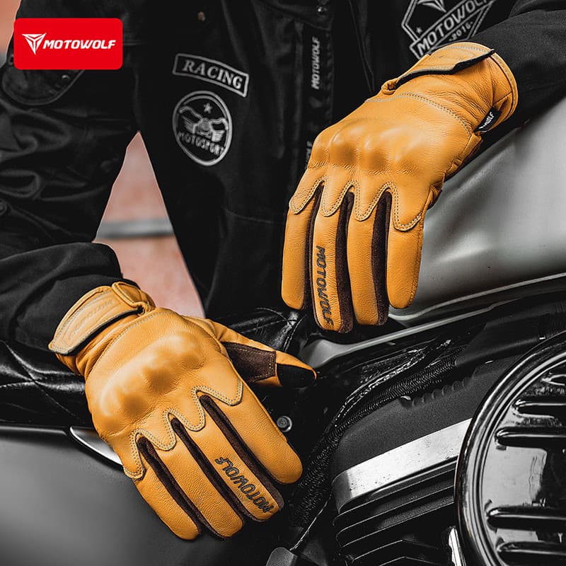 Motorcycle Riding Gloves Genuine Leather Vintage Rider Gloves Touchscreen Compatible Windproof Protective Four-Season Retro Gloves