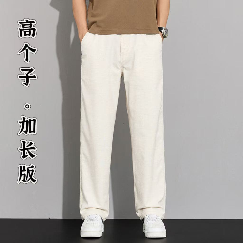 Summer Thin Light Beige Tall Extended Jeans for Men, Plus Size Loose Straight Stretch Lyocell Linen Trendy