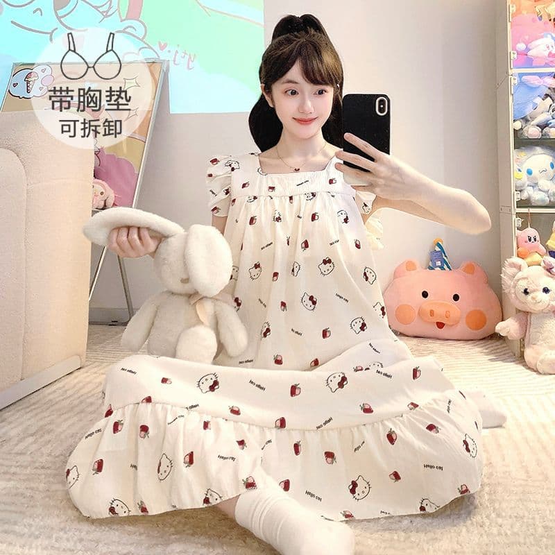 Plus Size Women's Summer Sleepwear with Padded Bra, Small Flutter Strap Camisole Nightgown, Cute Cartoon Plus Size Loungewear, Wearable Outside