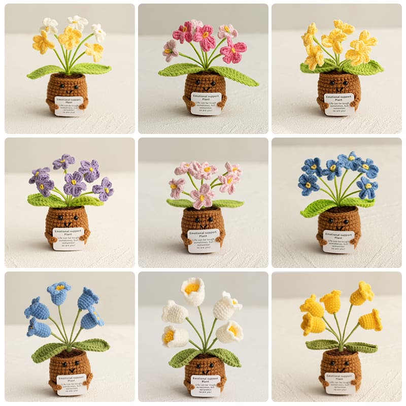 Cross-Border Positive Energy Knitted Flower Plant Potted Finished Products - Yarn Simulation Flowers Desktop Decor with Handheld Card Dolls