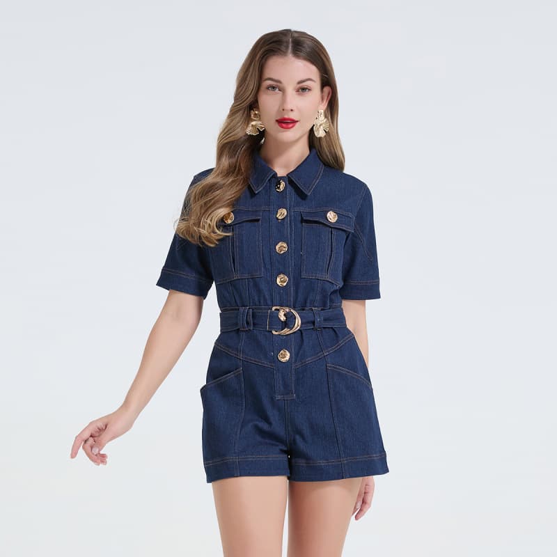 American Retro Denim Jumpsuit for Women, Summer Thin Short Sleeve Workwear Shorts, Waist-Cinching Wide Leg
