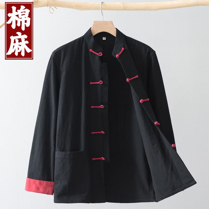 Men's Tang-style cotton and linen long-sleeved jacket, Chinese style retro Chinese-style top with frog buttons, Hanfu, lay Buddhist attire, Zhongshan suit