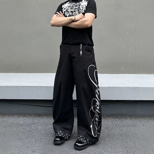 American Street Style Black Patchwork Polka Dot Print Jeans, Men's Loose Wide-Leg Jeans, Handsome, Casual, Curved Knife