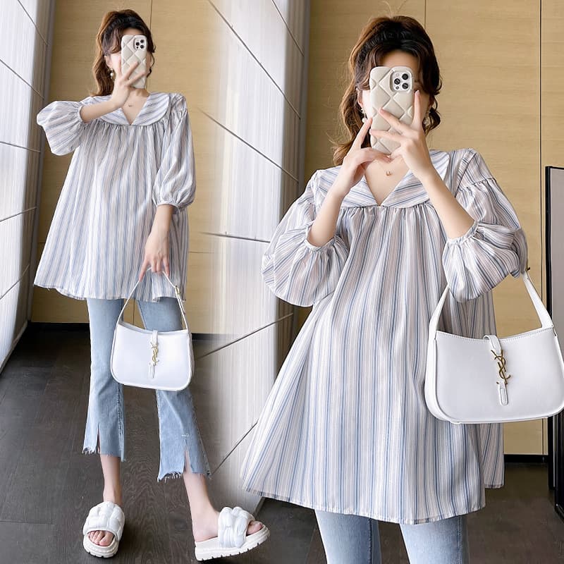 Maternity Shirt, Spring Wear, Stylish, Slimming, Versatile, Casual, Cute Peter Pan Collar, Three-Quarter Sleeve, Mid-Length Striped Top, Summer