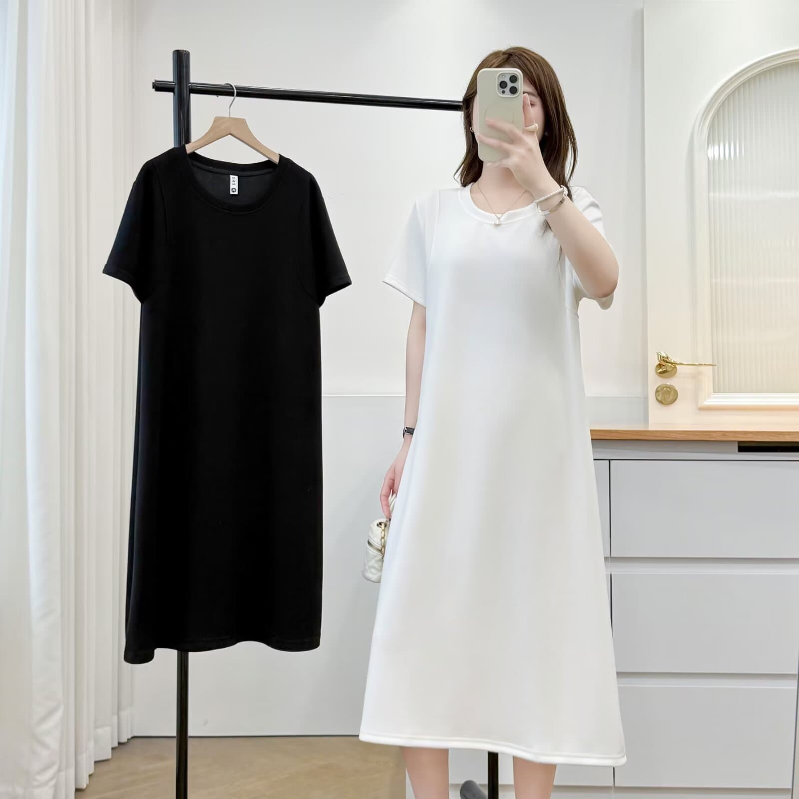 2026 Summer Plus Size Short Sleeve A-Line Dress, Slimming Simple Versatile Midi Dress, T-Shirt Dress for Curvy Women 6072
