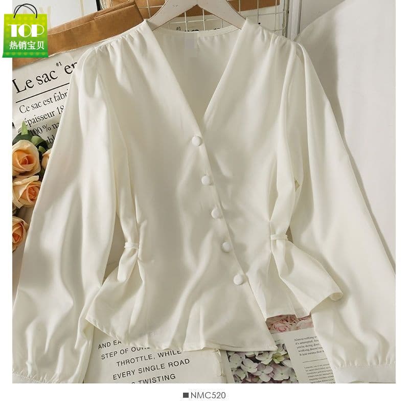 French long-sleeved shirt for women in spring and autumn puff sleeve waist slimming collar versatile tops for women slim puff shirt