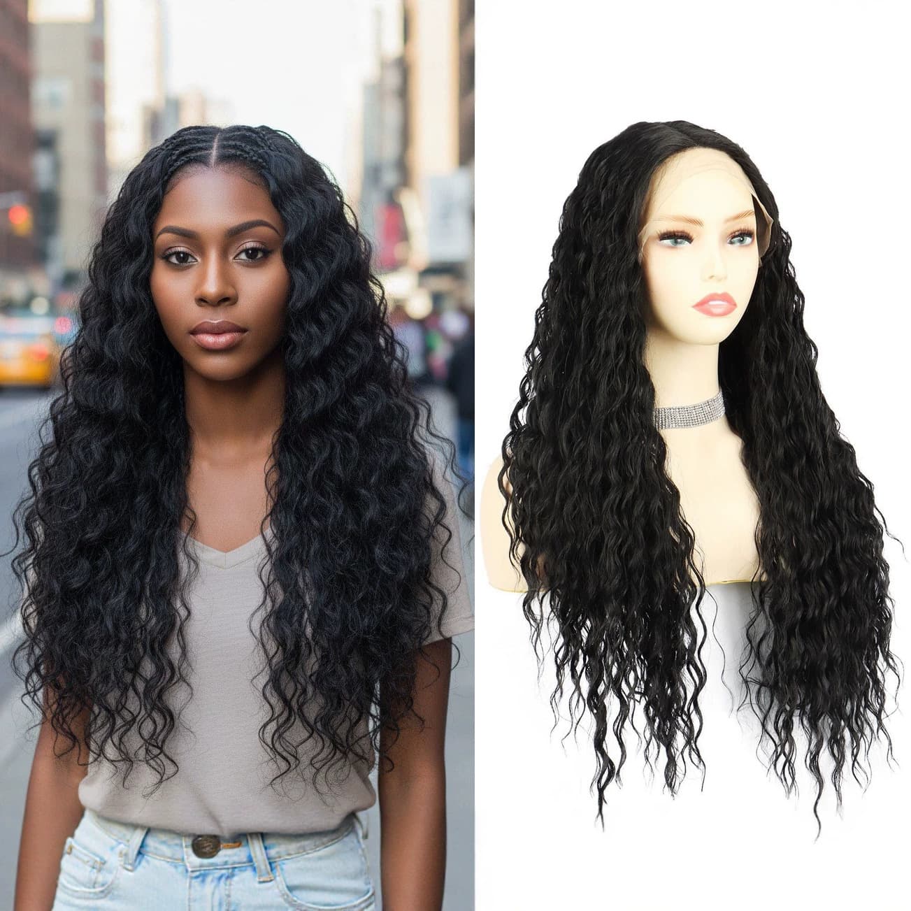Cross-Border Women's Lace Front Curly Wig, Brown Lace Wig, Black Synthetic Fiber Wig, Water Wave Wigs