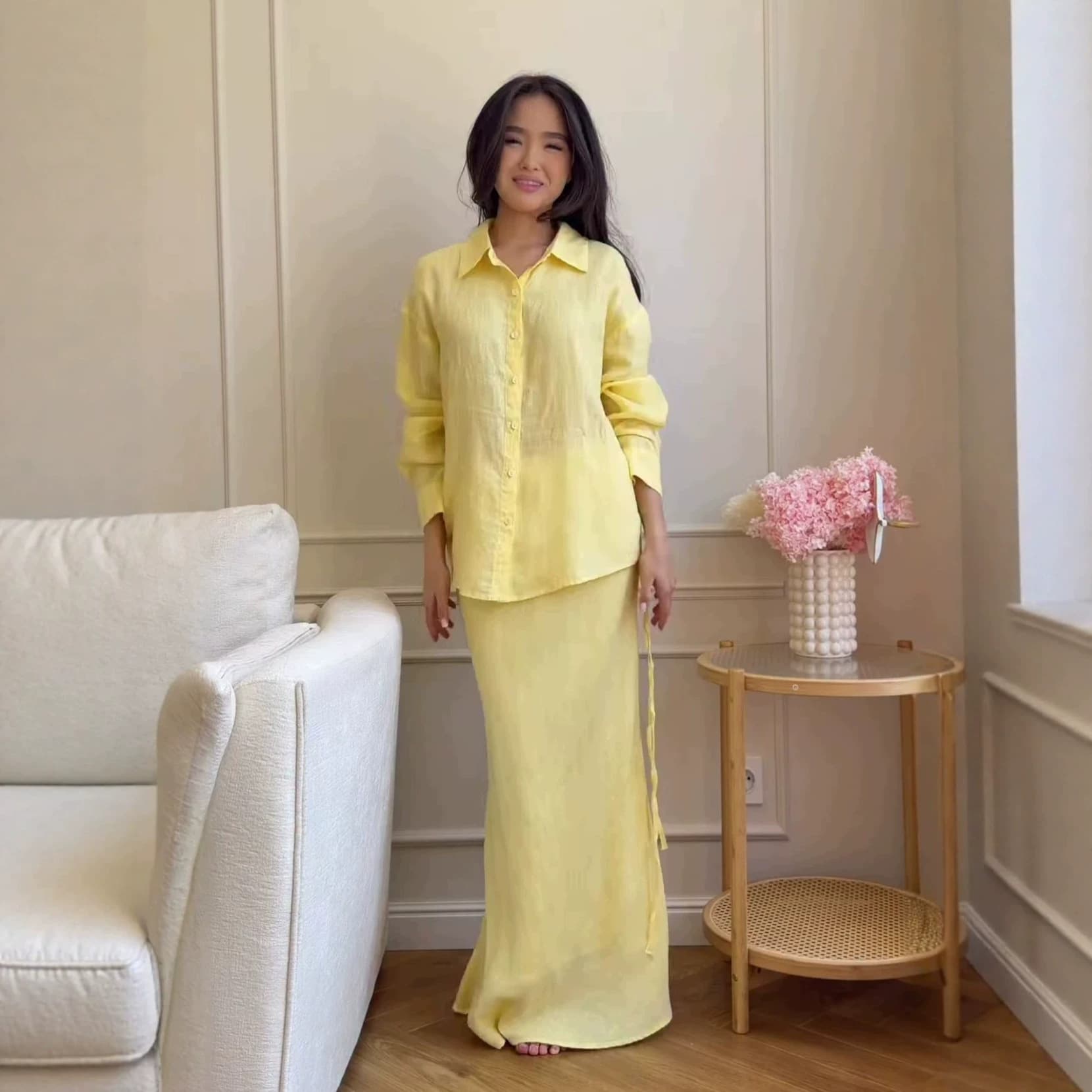 2026 New Arrival Solid Color Single-Breasted Notched Lapel Tie Blouse and Midi Skirt Set for Women - Elegant Office Outfit for Cross-Border EU & US Markets