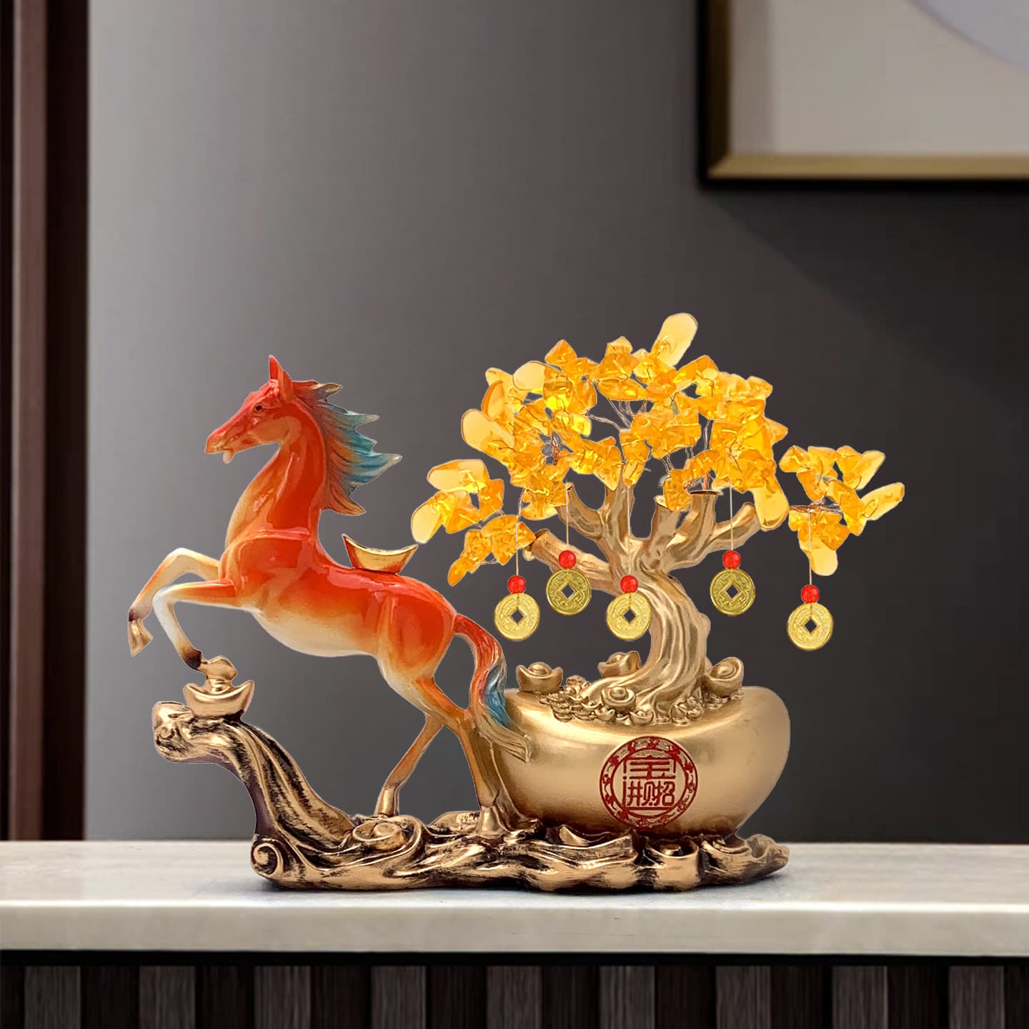 Money Tree and Gold Ingot New Chinese-style Horse Ornament, Office Reception Wine Cabinet Decor, Housewarming and Opening Gift