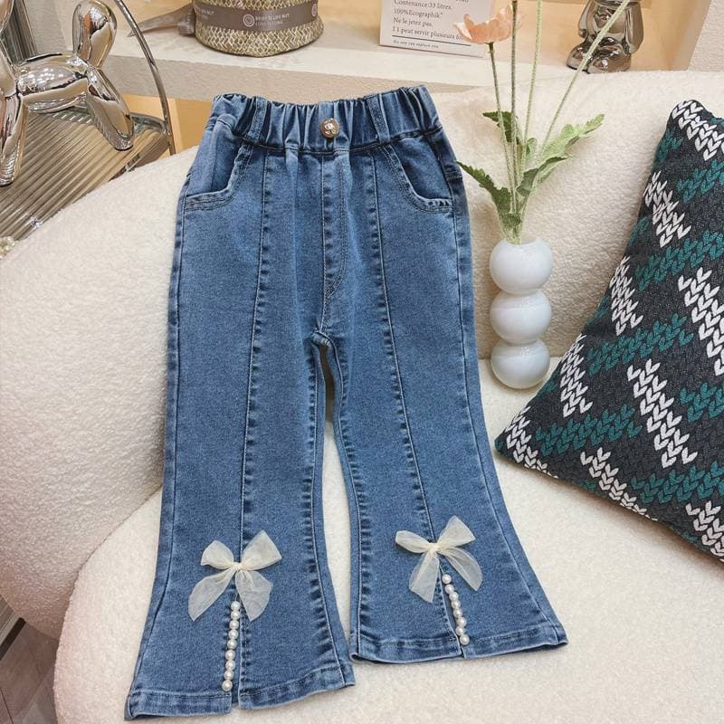 Girls' Spring and Autumn Fashion Bow Nail Beaded Split Denim Flared Pants Spring and Autumn All-match Fashion Soft Denim Korean Style
