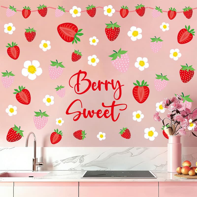 Summer Strawberry Fruit Wall Sticker Daisy Floral Girl Kids Bedroom Self-Adhesive PVC Sticker Kitchen Wall Decoration